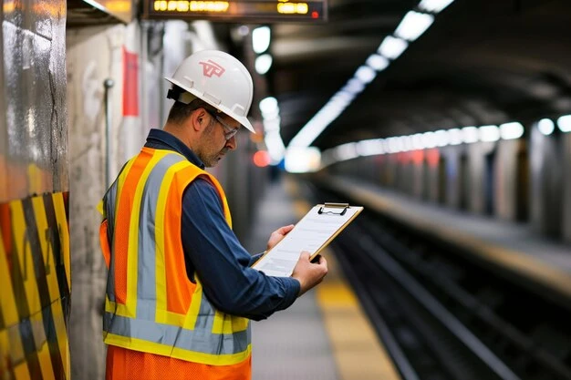 The image depicts a man in a dark blue uniform working on an industrial machine